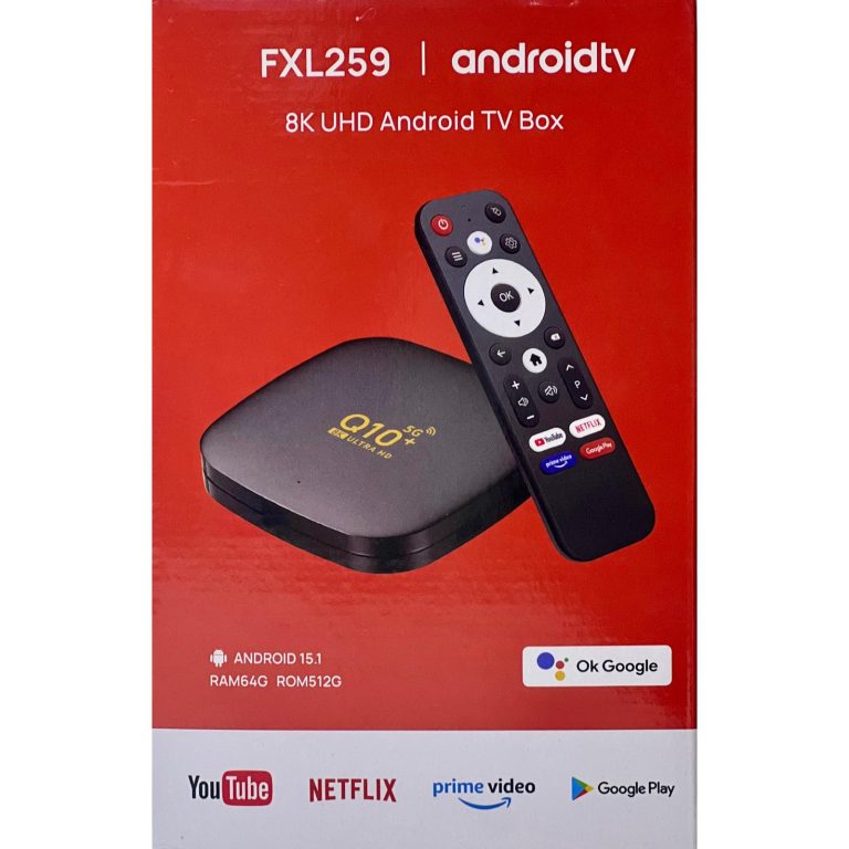 A black Android TV box with the model name "FXL259" displayed on it, sitting beside a remote control. The box features text indicating it supports 8K UHD resolution, runs on Android 15.1, and has specifications like 64GB RAM and 512GB ROM. There are icons for YouTube, Netflix, Prime Video, and Google Play visible.