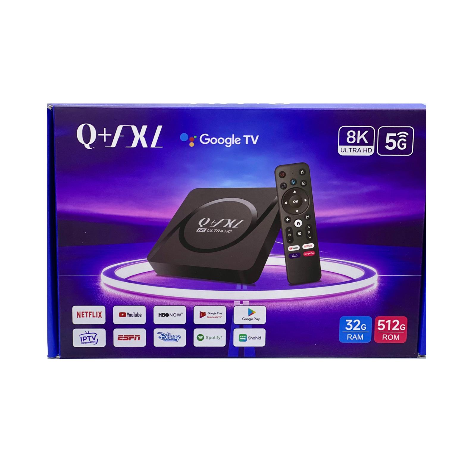 Q+ FXL Google Tv Box for the 8K UHD Android TV Box featuring a remote control. Compatible with Android 15.1 and various streaming services logos shown at the bottom. A box labeled "Q+FXL Google TV 8K ULTRA HD NETFLIX HBONOW 32G 512G PTV RAM ROM" next to a remote control, featuring electronic device tags.