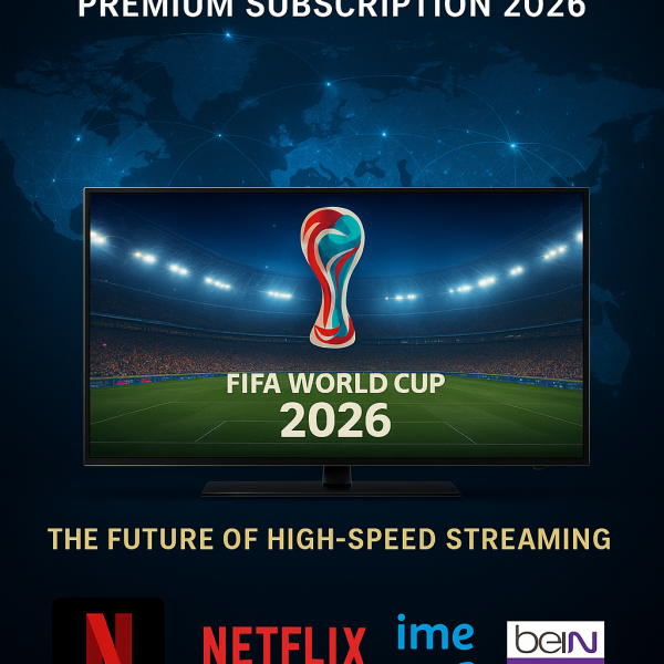 A screenshot of a television displaying a promotional graphic for KURA IPTV premium subscription, featuring text about the 2026 FIFA World Cup and high-speed streaming alongside logos for Netflix and beIN Sports. The design includes various fonts and graphics typically found in marketing materials.